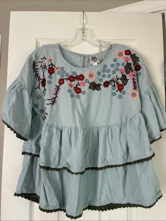ivy jane Tops - Ivy Jane Light Blue Embroidered Tiered Peasant Top